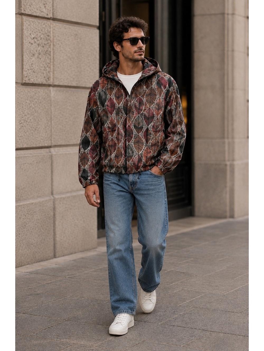 ZARA Man XL Hooded Leaf Print Windbreaker Jacket Brown Burgundy Boho Retro
